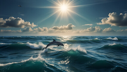 A lively dolphin leaps from shimmering ocean waves beneath a radiant sun and scattered clouds capturing the vibrant energy and beauty of marine wildlife in motion ai.

