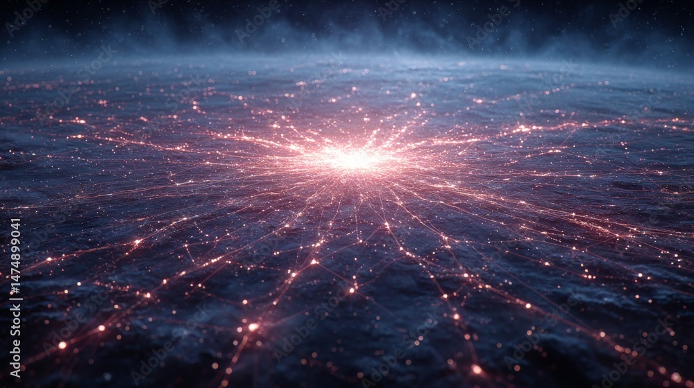 Aufkleber network of light: abstract glowing connections radiating from a central point in deep space