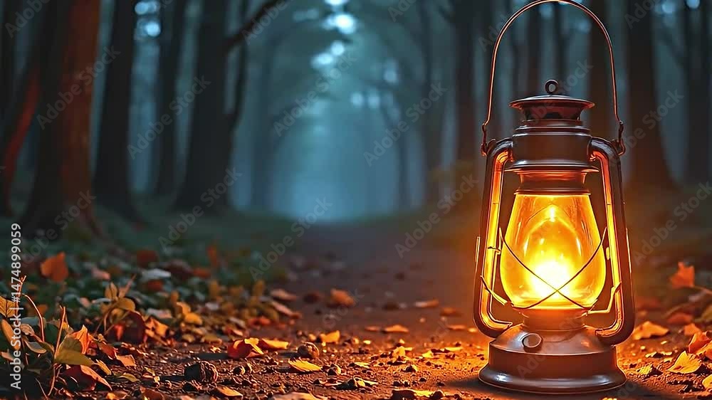 Poster serene forest scene dusk dawn where single lantern stands dirt path surrounded fallen leaves. lanter