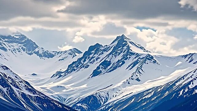 breathtaking view of snow-capped mountains dramatic sky. peaks sharply defined patches of snow glistening sunlight creating striking contrast against dark rocky slopes. scene serene majestic...