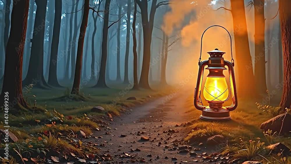 Poster serene forest scene dusk dawn where tall trees stand background partially shrouded mist. narrow dirt