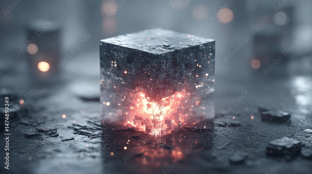 Poster Quantum Computing Core: A Glowing Cube of Data Processing on a Dark, Metallic Surface