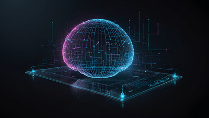 Futuristic Cybersecurity Network with Glowing Data Sphere, Padlocks, and Cloud Icons Above a Digital Tablet on a Dark Tech Background ai.

