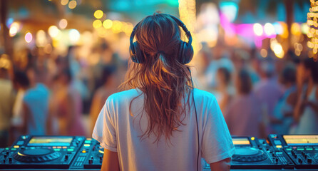 Dj performing live music set at electronic music festival with large crowd dancing in background