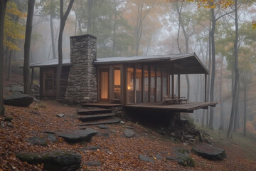Cozy Rustic Cabin in a Misty Autumn Forest