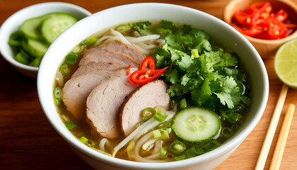 Delicious bowl of pho with sliced chicken, fresh herbs, and lime, perfect for food photography and culinary marketing on social media or restaurant menus