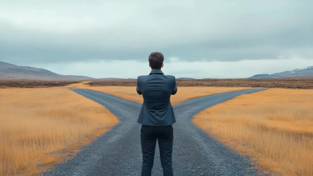 Professional businessman standing at strategic crossroads, contemplating career path and life changing choices representing leadership challenges and professional growth potential
