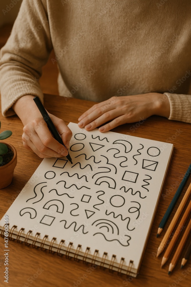 Poster stress management wellbeing routine concept. artistic hand sketching abstract shapes in a notebook.