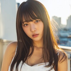 街の背景と美女のポートレート