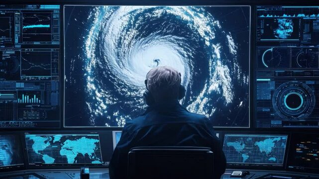 Observer Analyzing Data on Powerful Storm in Control Room with Screens Displaying Weather Patterns and Satellite Imagery 4k video footage