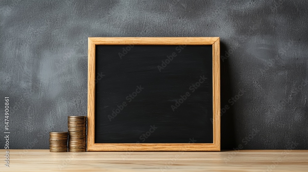 Poster business presentation preparation with blank chalkboard office setting image of workspace calm envir