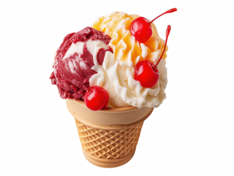 Gourmet ice cream cone featu realis high fidelity flavors of cherry and cream photographed in extreme detail with a A1 camera, creating a tasty snack. Transparent background PNG