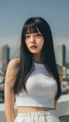 街の背景と美女のポートレート