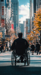 A man in a wheelchair, viewed from behind, is positioned in the middle of a city street, facing away. Tall buildings and blurred figures line the sunlit street, creating a sense of perspective 