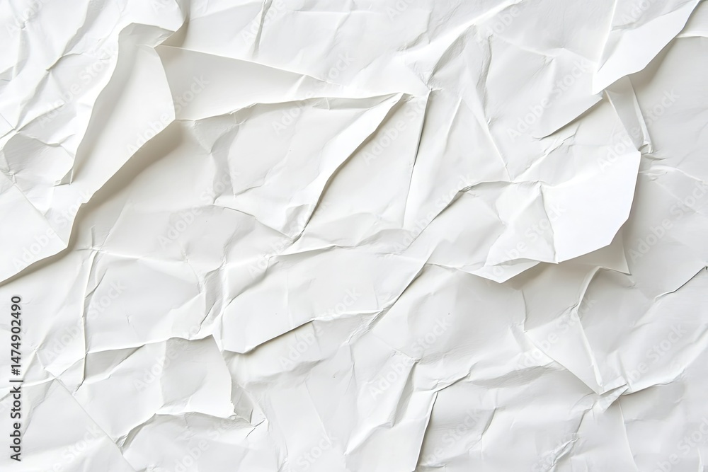 Poster crumpled white paper texture. a close-up view of a sheet of white paper that has been crumpled and c