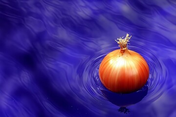 Onion afloat in swirling blue liquid