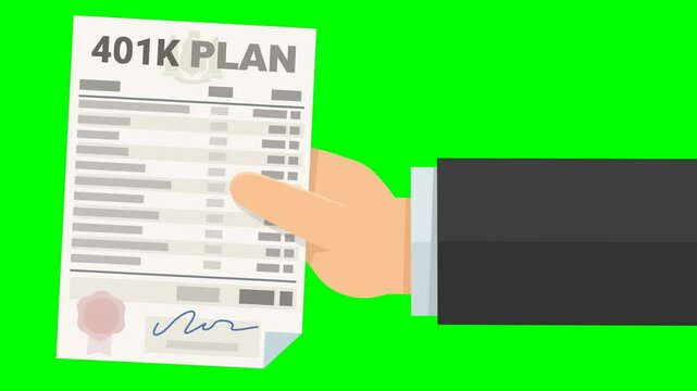 A hand presents a 401k plan from the right on green screen with alpha channel (flat design)