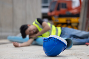 Worker lies on construction site floor with safety helmet suffer from accident