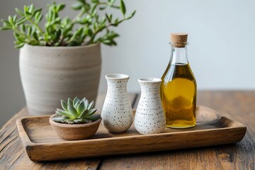 •  Wooden tray with ceramic salt and pepper shakers, small olive oil bottle, and a tiny succulent 