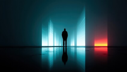 Obraz premium Silhouette in Illuminated Corridor