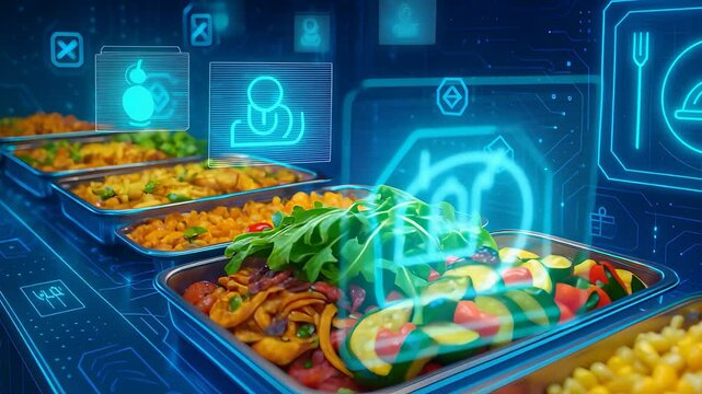 Assorted Dishes in Smart Buffet System with Holographic Icons Representing Digital Restaurant Service and Futuristic Food Display

