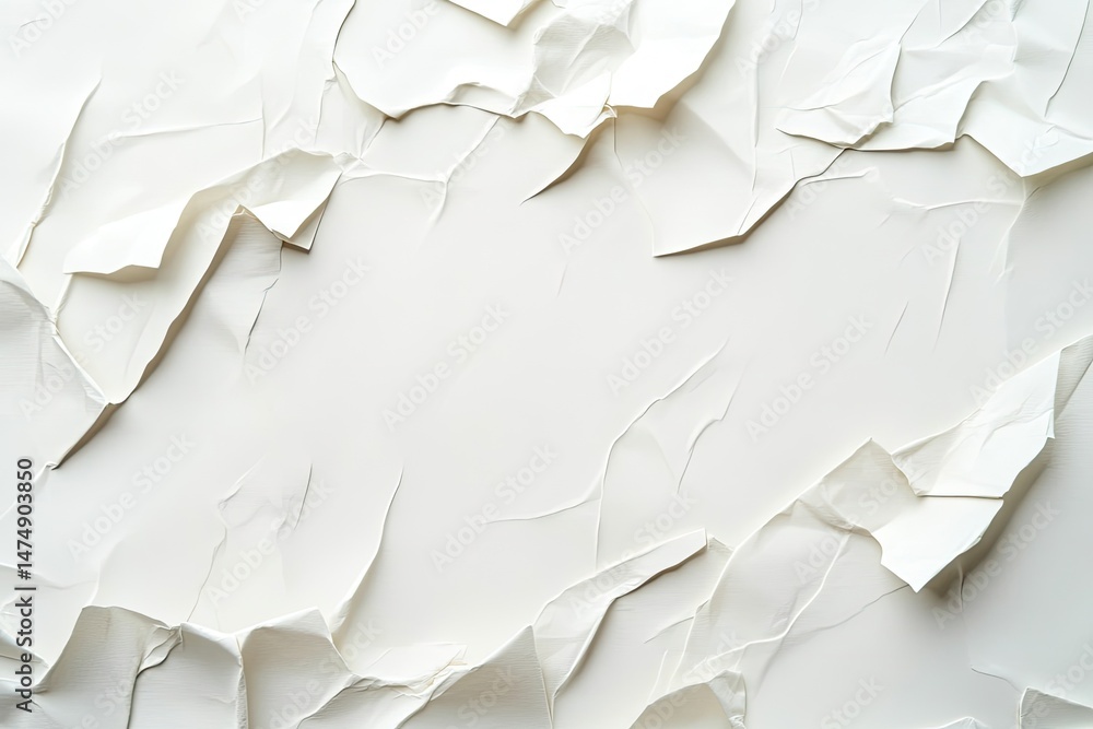 Poster crinkled white surface with textured folds. intricate patterns of crumpled paper or plaster create a