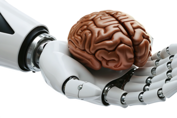 A robot's hand holding a brain isolated on white background PNG