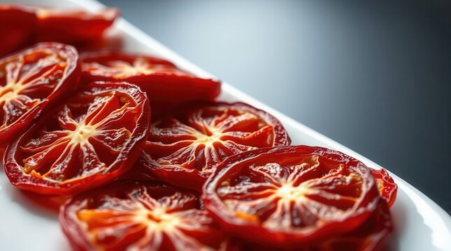 Rustic Sun-Dried Cherry Tomato Slices on White Platter, Sun Dried Ingredient, Gray Background
 - Powered by Adobe