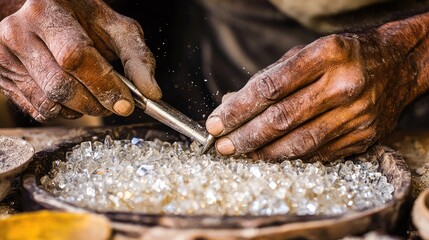Close-up view of artisan hands shaping glass beads.