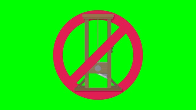 Appearance of crossed out red circular prohibition symbol on guillotine on green screen with alpha channel in flat design style