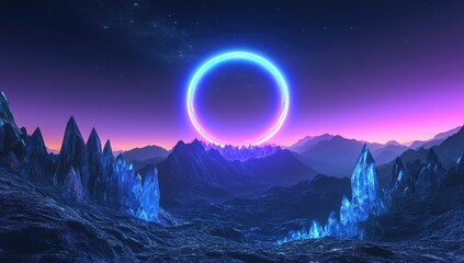 Glowing ring above a surreal, alien landscape