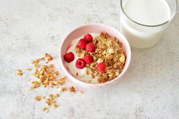 Granola with Yogurt and Raspberries, Breakfast Food Photography
