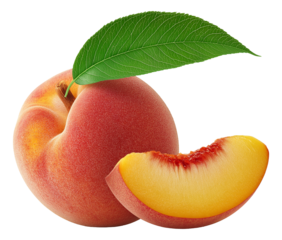Fresh whole peach with attached leaf and a juicy slice showcasing vibrant colors on transparent background.