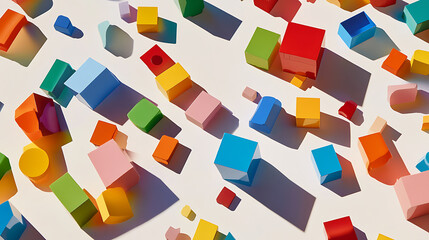 Obraz premium Colorful blocks are scattered on a white surface, casting shadows, creating an abstract design.