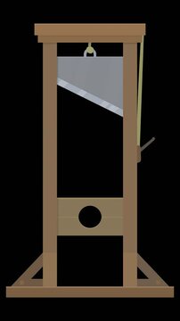 Animation in flat design style with a guillotine with the blade falling on a green screen with alpha channel