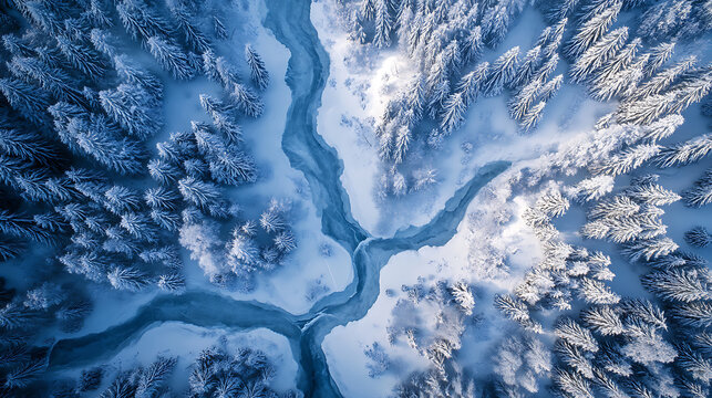 An aerial view showcases a stream bifurcating through a snowy forest. The landscape is tranquil.