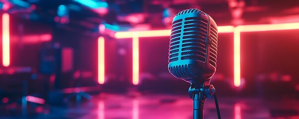 Vintage microphone stands against a backdrop of neon lights and reflections