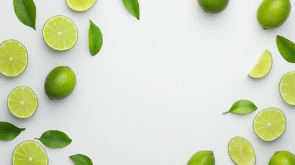Limes and Leaves Frame on White Background: Fresh Citrus Summer Vibe