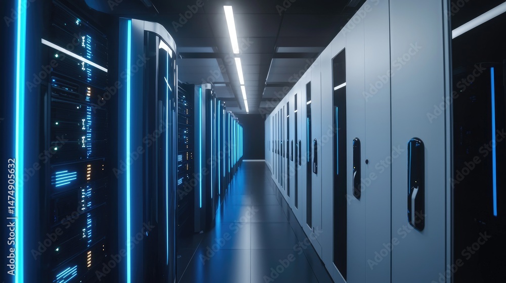 Poster futuristic data center hallway with illuminated server racks and glowing blue lights, ideal for clou