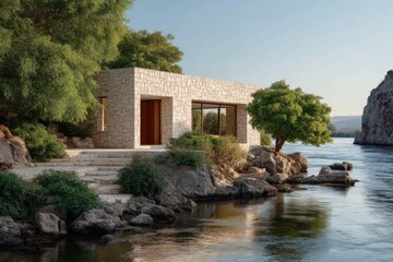 Obraz premium Modern stone house by the river with lush greenery and rocky shore at sunset