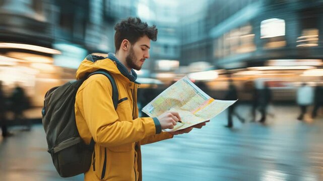Young tourist wearing yellow jacket and backpack looking for directions on a map in a crowded european city center, different moments of the same scene