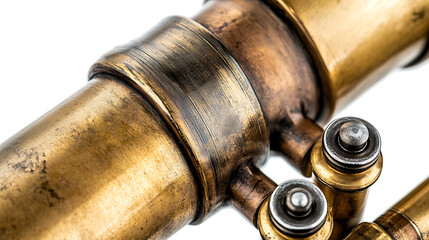 Detailed close-up of a gleaming brass instrument with intricate valves and worn texture, artistic focus