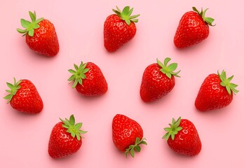 Flat lay of fresh strawberries on pastel pink background. Bright red berries with green tops create a vibrant, minimalistic, and summery composition perfect for food or lifestyle designs.