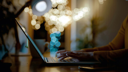 close-up of a white person's hands typing on a laptop at night, illuminated by the screen's glow, warm bokeh lights in the background. cozy and focused atmosphere, perfect for late-night work or study