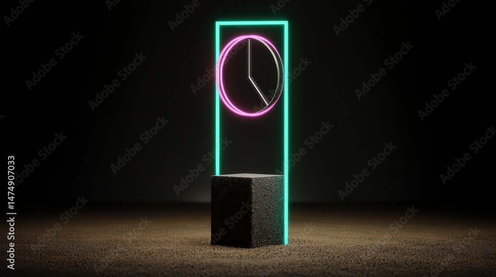 Poster minimalist neon clock design time abstract background 3d render
