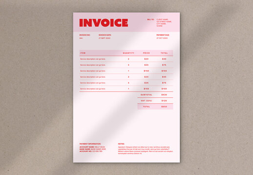 Invoice Layout with Red and Pink Accents