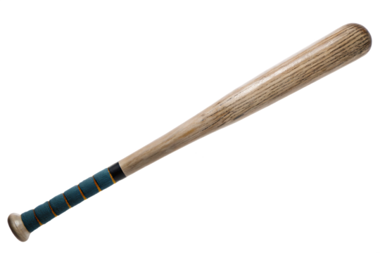 Wooden Baseball Bat with Teal and Gold Grip Tape Isolated on Black Background - Powered by Adobe