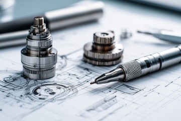 Engineering tools on technical drawing, precision instruments, mechanical schematics, clean industrial workspace.