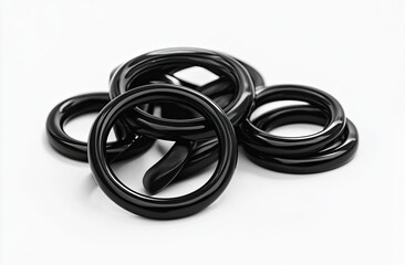 Fototapeta premium A collection of glossy, black rings, overlapping and layered in a dynamic arrangement against a bright white backdrop. A close-up view showcases the smooth, curved surfaces of the rings