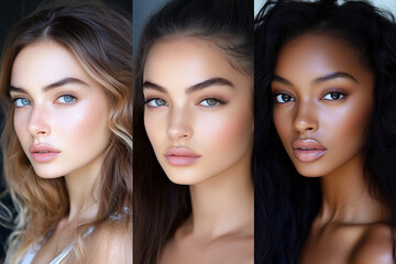 Fototapeta premium Three women with different hair colors and makeup styles. The first woman has blonde hair and a light makeup look, the second has brown hair and a more dramatic makeup look